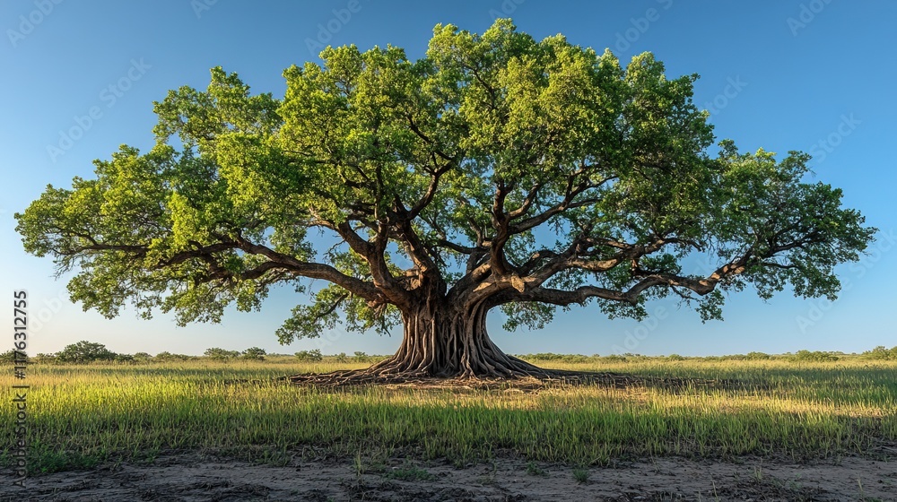 Fototapeta premium A majestic tree stands alone in a lush green field under a clear blue sky, symbolizing nature's beauty.