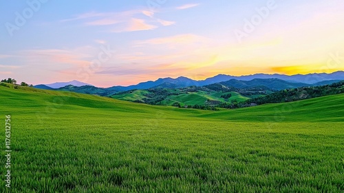 Breathtaking Panoramic View of Lush Green Mountain Landscape at Vibrant Sunset photo