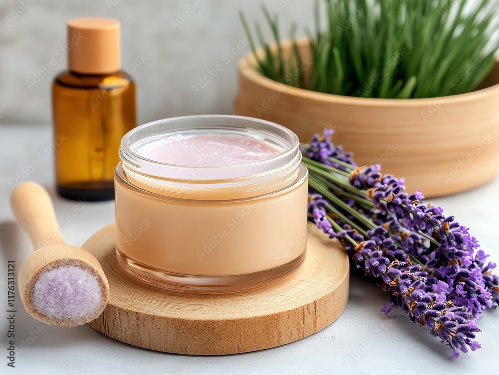 A soothing antiaging moisturizer surrounded by frosted lavender A soothing antiaging moisturizer surrounded by frosted lavender