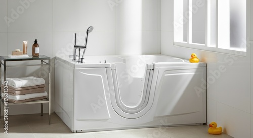 Accessible bathtub with door, faucet, towel rack, and rubber duck in modern bathroom