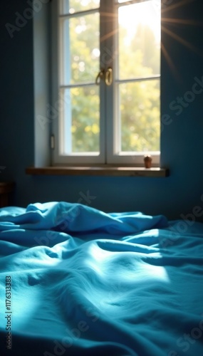 Light pours through a window onto a blue sheet, photography, lens photo