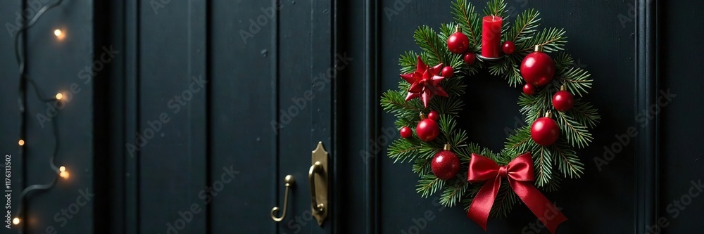 Wreath made of dark evergreen branches and red candles on a black front door, wreath, dark wood, holidays Wreath made of dark evergreen branches and red candles on a black front door, wreath, dark wood, holidays