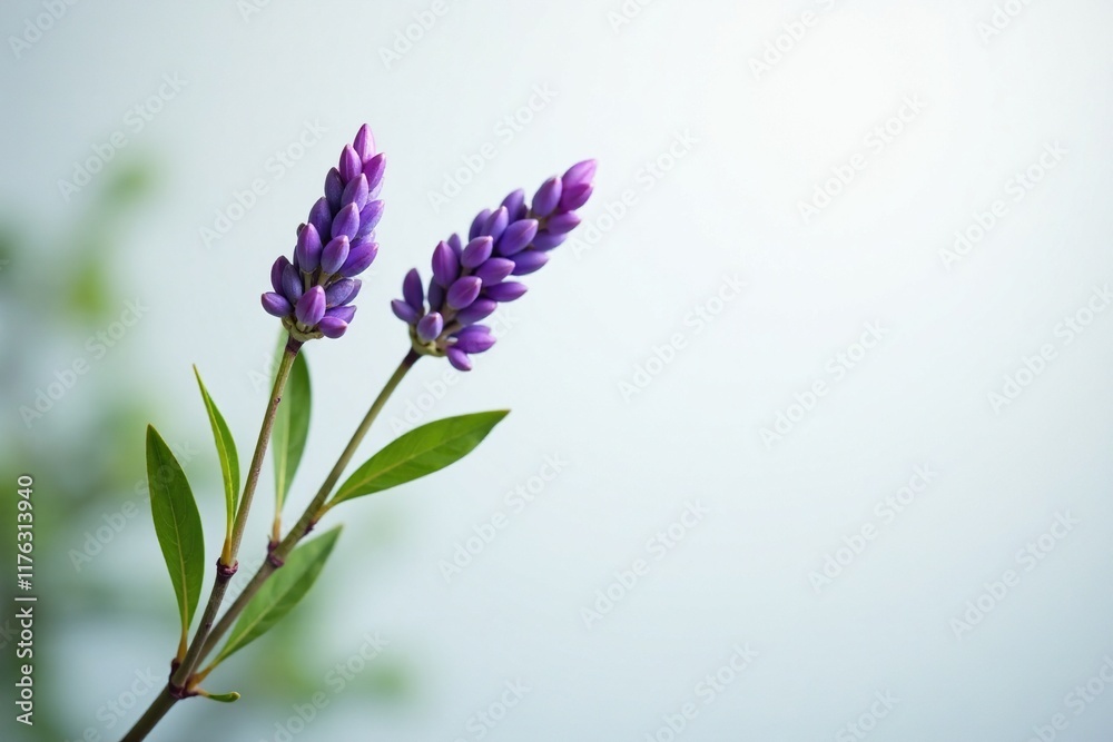 Obraz premium twig with full-grown lavender in a serene white environment, tree branch, greenery, flower