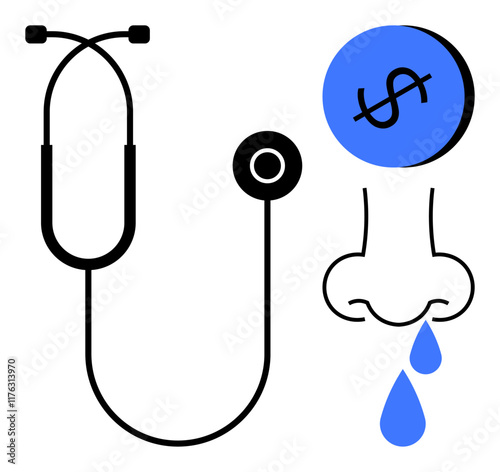 Stethoscope next to nose with blue dollar sign and teardrops. Ideal for healthcare costs, medical expenses, financial burden of healthcare, health insurance, medical debt, rising costs in medicine