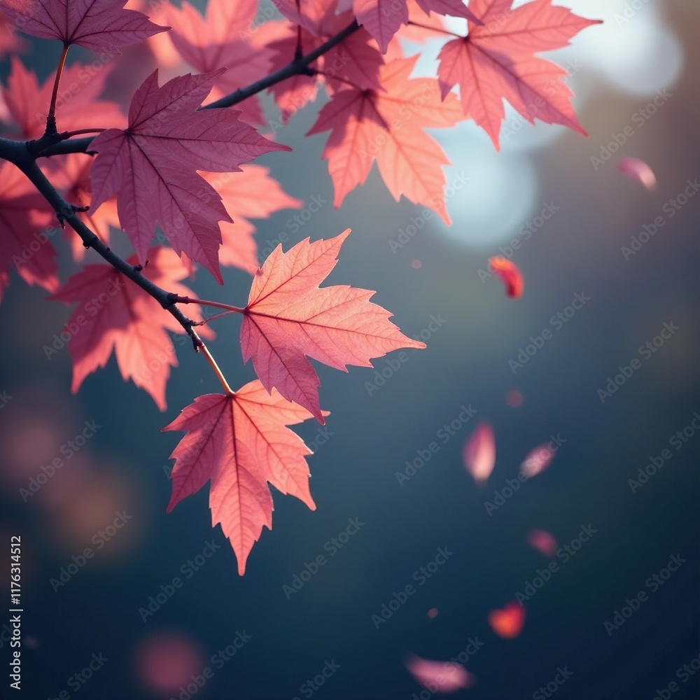 Delicate mauve leaves fall from a tree branch, autumn, foliage falling Delicate mauve leaves fall from a tree branch, autumn, foliage falling