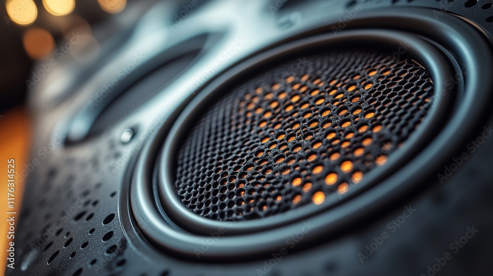 Close-up of a speaker cone highlighting its mesh design and purpose in sound production. Close-up of a speaker cone highlighting its mesh design and purpose in sound production.