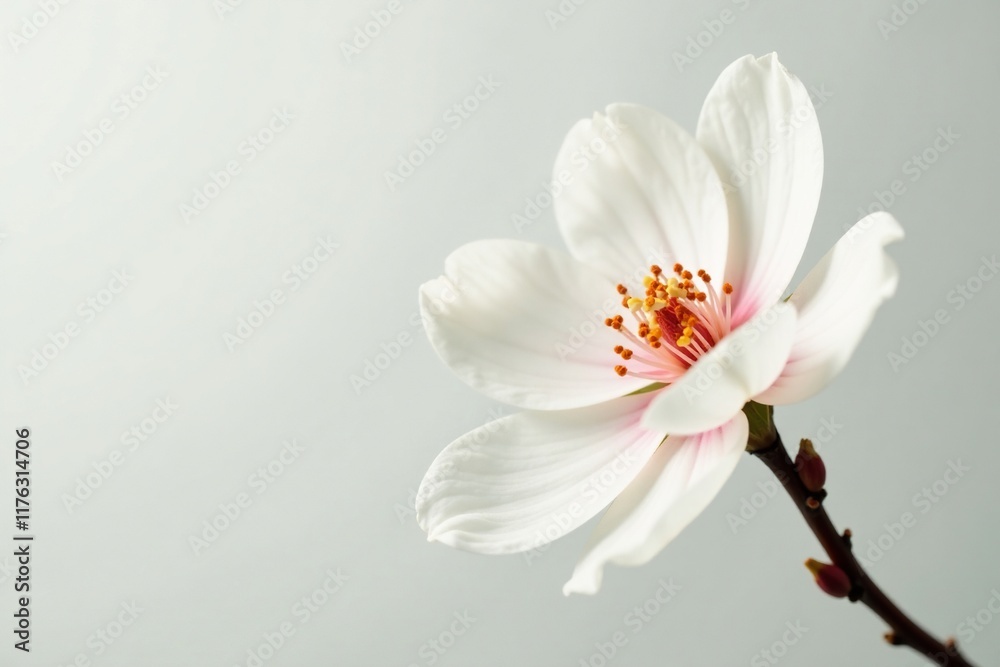 Single white peach blossom against light background, gentle, serene, isolated Single white peach blossom against light background, gentle, serene, isolated