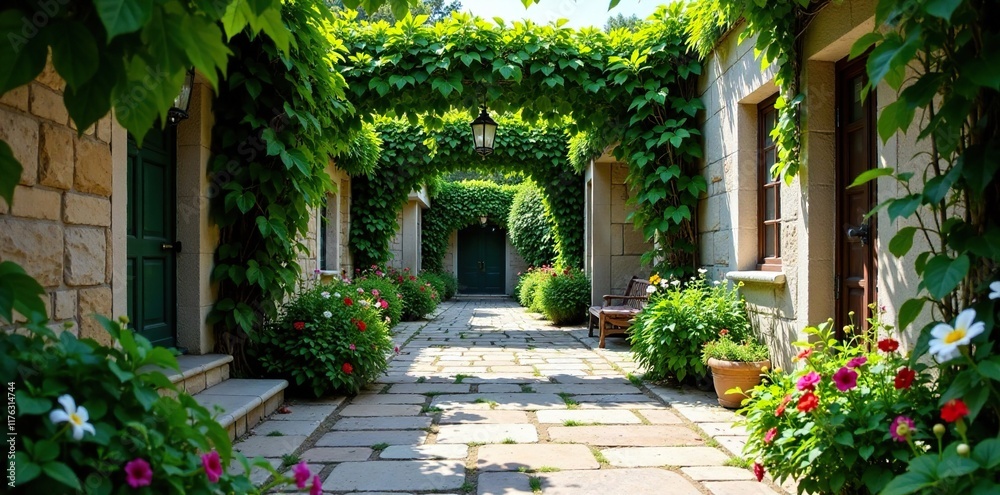 Fototapeta premium Stone pavement with vines and wildflowers in a secluded courtyard, leafy greenery, flower, wildflowers