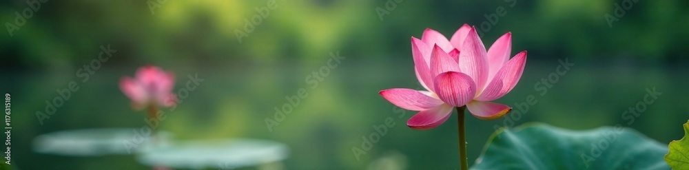 Pink lotus flower with a delicate stem in a serene lake, natural scenery, soft light Pink lotus flower with a delicate stem in a serene lake, natural scenery, soft light