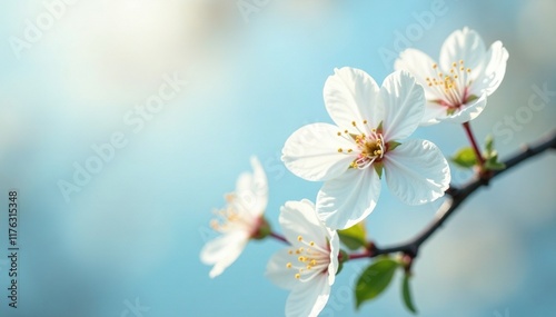 White Prunus glandulosa alba plena blooms against a backdrop of soft, pale blue morning light, pale, blooms, peaceful photo