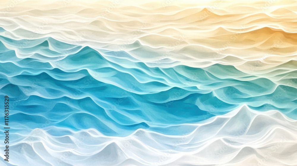 Obraz premium serene abstract depiction of ocean waves in gradient of turquoise, blue, and golden hues, evoking sense of calm and tranquility