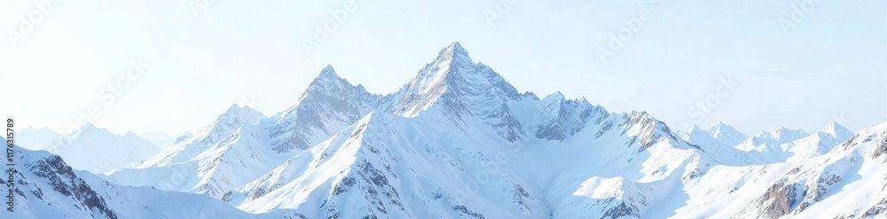 Fototapeta premium Towering mountain peaks meet the sky on a pristine white backdrop, mountains, snow capped