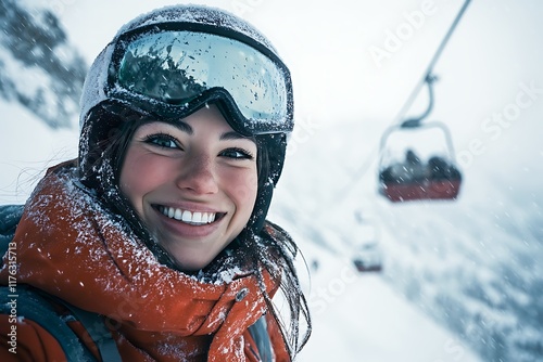 Snow covered skier smiling at rosa khutor ski resort in russia with a chairlift in the background photo