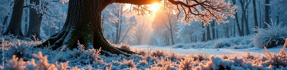 Naklejka premium Frosty morning on the forest floor beneath a massive tree, winter, peaceful