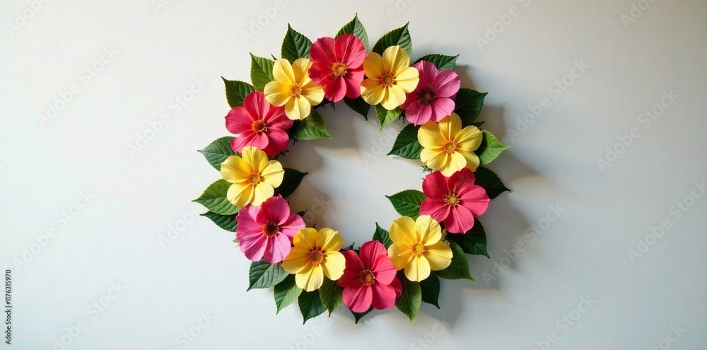 floral wreath with fresh flowers hung on the wall, wall decor, flowers floral wreath with fresh flowers hung on the wall, wall decor, flowers