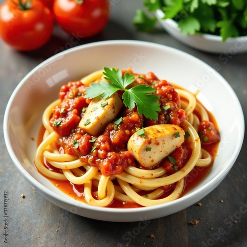 Delicate noodles in a rich tomato sauce with chicken and fresh parsley, chicken, whitetable photo