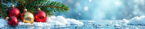 Icy winter landscape with golden red ornaments and fir branches on frozen ice background, balls, snowy
