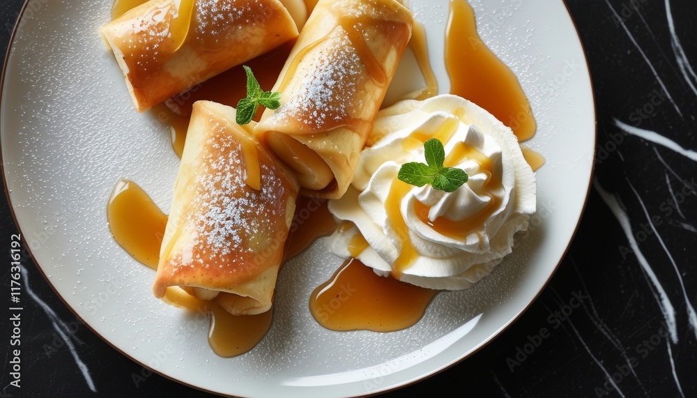 Warm Dessert with Rolled Pastries, Cream and Sweet Sauce on a Dark Plate Warm Dessert with Rolled Pastries, Cream and Sweet Sauce on a Dark Plate