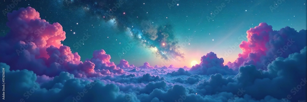 Teal and purple nebula clouds with pink and gold stars in the distance, nature, starry Teal and purple nebula clouds with pink and gold stars in the distance, nature, starry