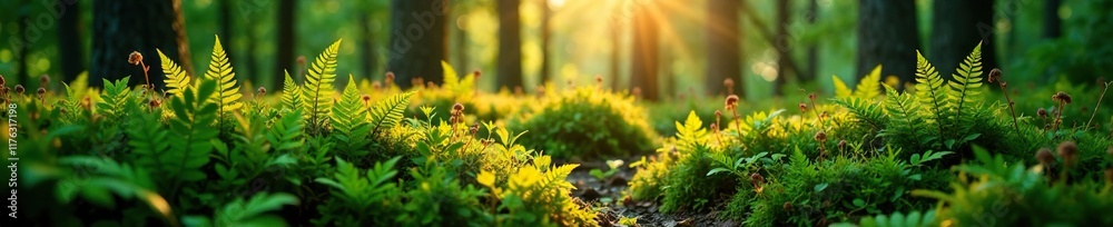 Fototapeta premium forest floor covered in moss and ferns at sunrise, forest ground ferns moss greenery, leafy greens, ferns on trees