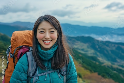 Young woman with backpack smiling during a hike in hitachi national park, ibaraki prefecture, japan photo