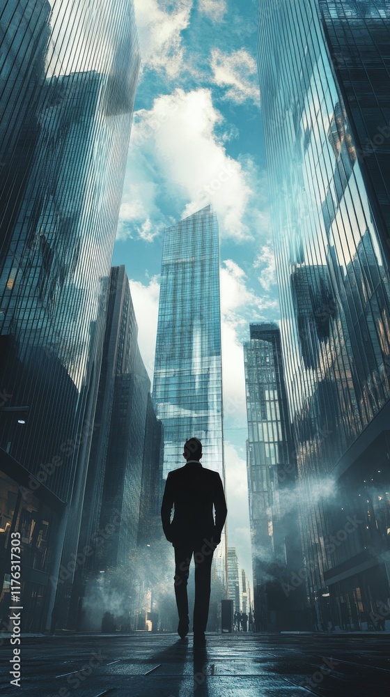 Obraz premium A businessman walking through a futuristic cityscape, looking up at the towering buildings and the cloudy sky.