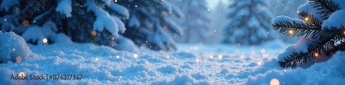 Snowy landscape with gentle snowfall and twinkling lights, frosty air, glittering ice photo