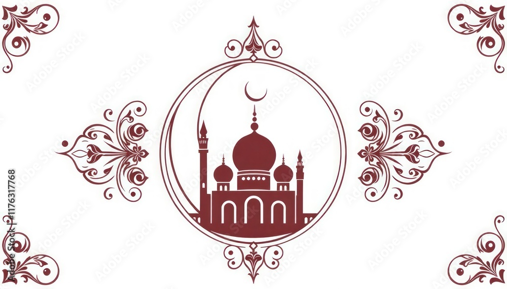 Fototapeta premium A crescent moon and mosque icon framed by intricate arabesque patterns