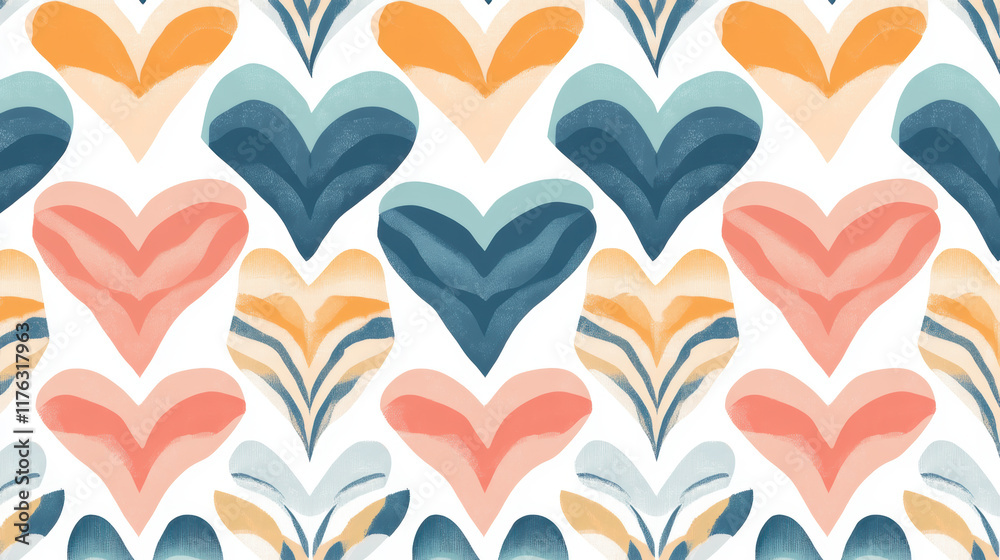 Fototapeta premium Colorful repeating heart motifs in shades of blue, orange, and pink create romantic and playful pattern, perfect for love themed designs and creative backgrounds