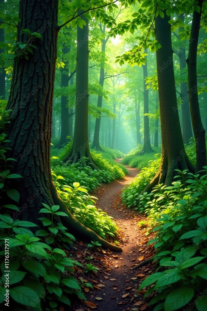 Fototapeta premium The forest path winds through the dense undergrowth', leafy, forest floor, wooded area