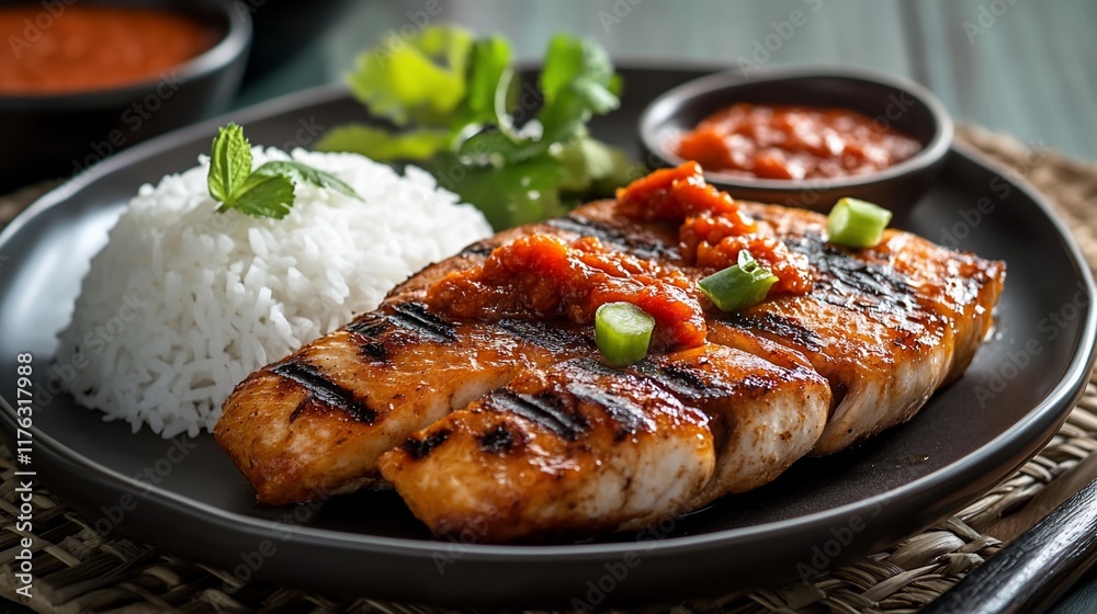 Grilled fish fillet with rice and spicy sauce. Grilled fish fillet with rice and spicy sauce.