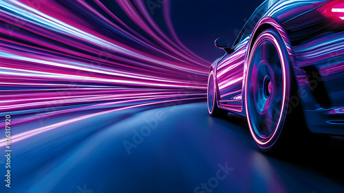 Dynamic car motion futuristic city digital art neon environment side view speed and technology concept