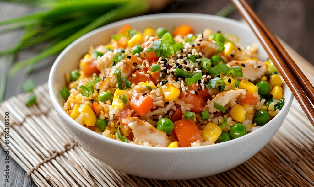 A lively plate of freshly cooked fried rice mixed with colorful sliced vegetables such as carrots, peas, corn, and scrambled eggs, Generative AI A lively plate of freshly cooked fried rice mixed with colorful sliced vegetables such as carrots, peas, corn, and scrambled eggs, Generative AI