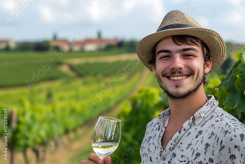 Young winemaker smiling and holding a glass of white wine in a vineyard during a sunny day photo