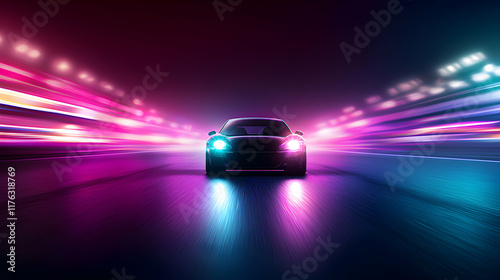 Dynamic nighttime car racing scene urban cityscape digital art neon lights front view speed and motion capture