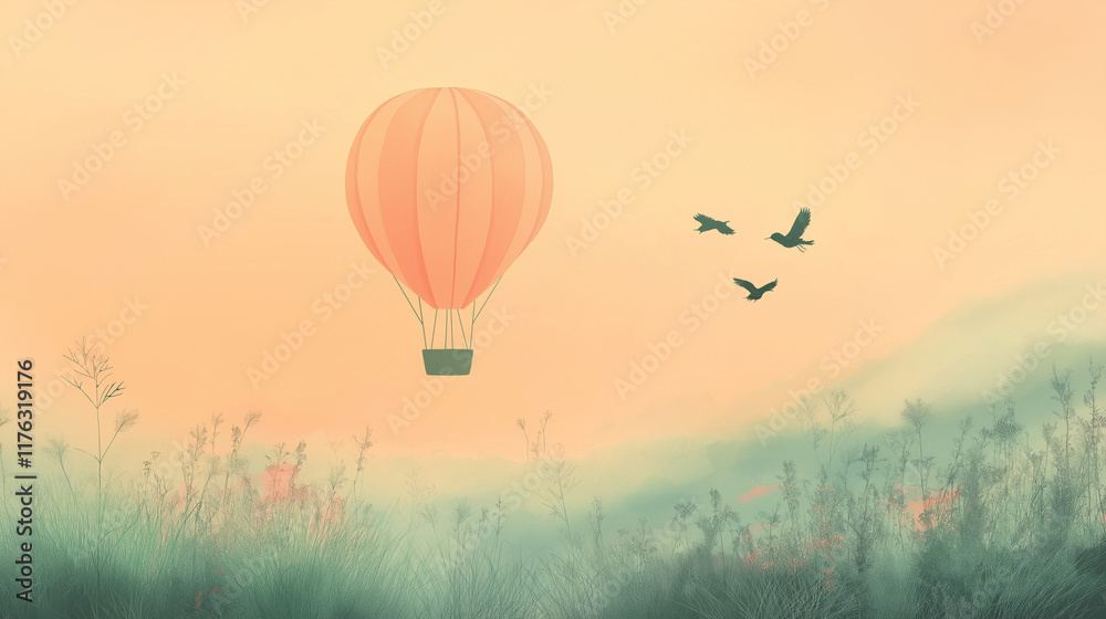 Obraz premium A pastel-toned hot air balloon floating above a gentle countryside