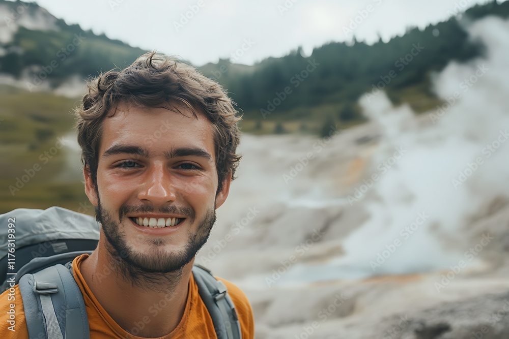 Young hiker smiling with geysers and mountains in the background Young hiker smiling with geysers and mountains in the background