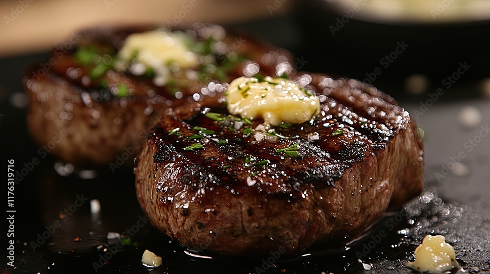 A close-up of a perfectly cooked steak with grill marks and garlic butter A close-up of a perfectly cooked steak with grill marks and garlic butter