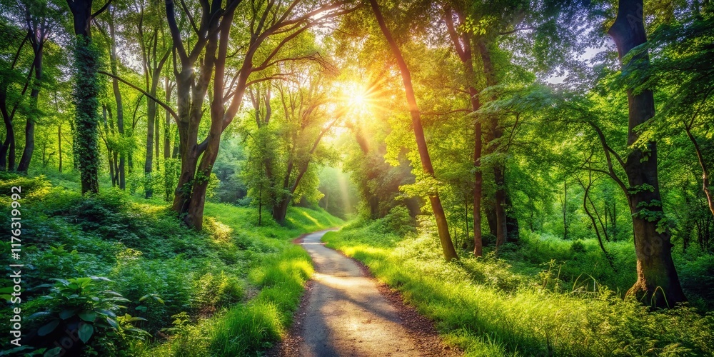 Obraz premium Serene Nature Trail: Lush Foliage & Sunlight Path Stock Photo