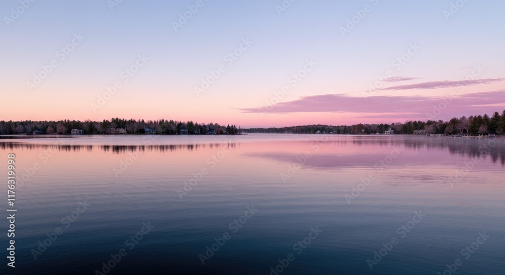 Fototapeta premium Calm lake at sunrise with serene, reflective water and pastel sky in cool hues
