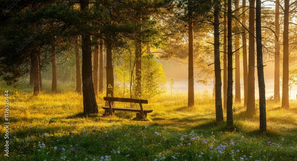 Serene forest scene with bench amidst sunlit trees and wildflowers