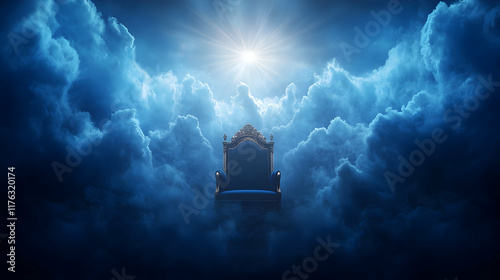 Majestic throne surrounded by ethereal clouds fantasy realm digital art dreamlike atmosphere low angle view serenity concept