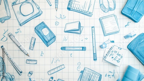 8.A school-themed banner featuring hand-drawn doodles of books, pencils, rulers, and backpacks on a white sheet of squared notebook paper, with light blue lines giving a playful, creative feel.