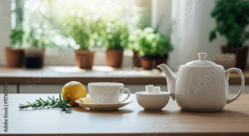 Wallpaper Mural Peaceful morning tea setup with teapot, cup, and fresh herbs on wooden table in sunlit kitchen Torontodigital.ca