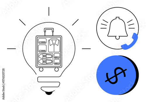 Light bulb enclosing organized suitcase evokes smart travel bell and dollar sign icons suggest alerts and budget strategies. Ideal for travel planning, efficiency, organization, innovation