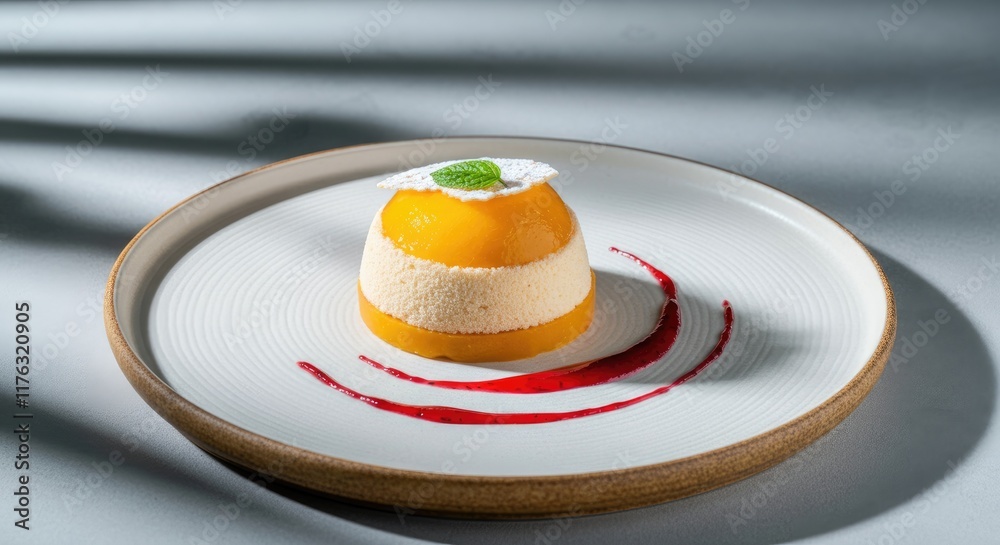 Elegant mango mousse cake with raspberry sauce on ceramic plate Elegant mango mousse cake with raspberry sauce on ceramic plate