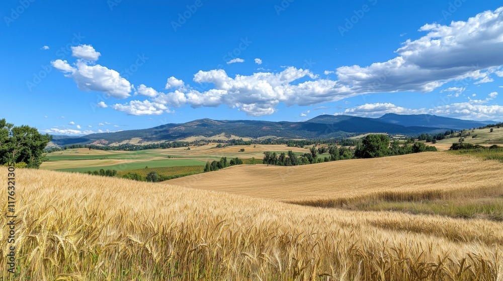 Obraz premium Expansive Rural Landscape with Golden Wheat Fields and Distant Mountains under a Majestic Sky