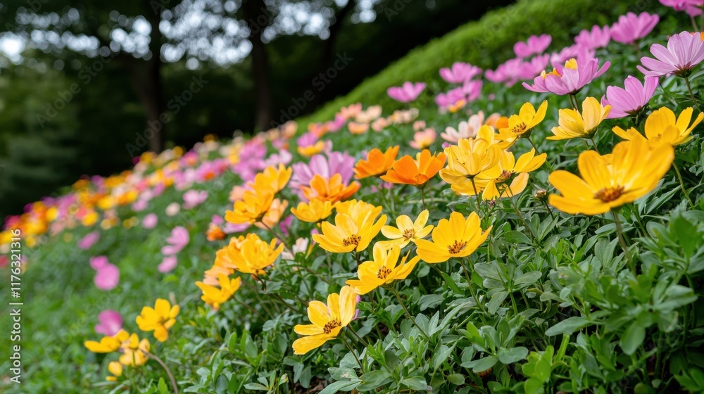 Fototapeta premium Vibrant and Colorful Floral Field with Blooming Flowers in Scenic Summer Landscape