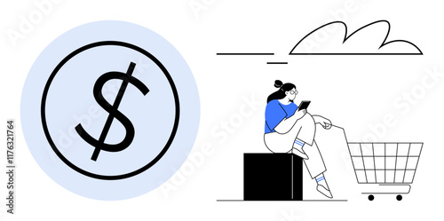 Dollar sign in blue circle beside a woman using a smartphone while sitting near a shopping cart. Ideal for e-commerce, online shopping, digital transactions, consumer behavior, financial planning