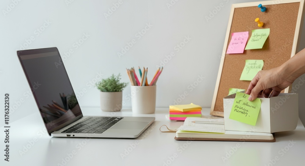 Office desk with laptop, sticky notes, plant, organized work items